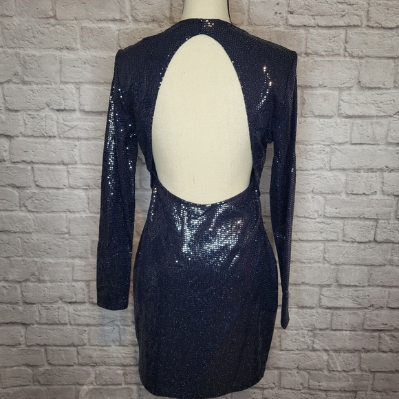 H&M Divided blue silver shimmer bodycon open back long sleeve mini dress sz L - Picture 8 of 12